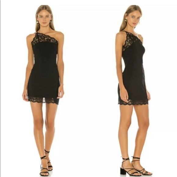 Free People Premonitions Mini Slip Dress XS Black Lace Trim One Shoulder Bodycon - Picture 15 of 16